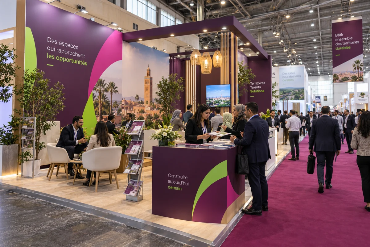 Salon professionnel avec stands, comptoir et brochures